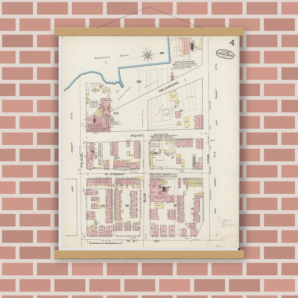 Old map wall art mockup — magnetic wood frame on brick wall — Sanborn Fire Insurance Map from Camden, Camden County, New Jersey (1885), Sheet #0004