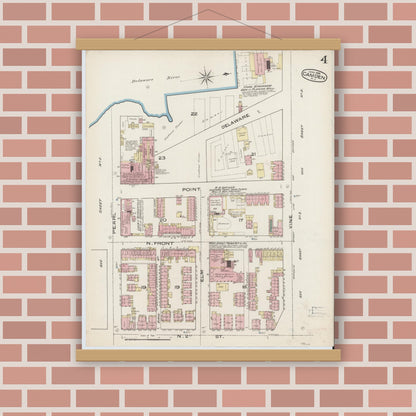 Old map wall art mockup — magnetic wood frame on brick wall — Sanborn Fire Insurance Map from Camden, Camden County, New Jersey (1885), Sheet #0004
