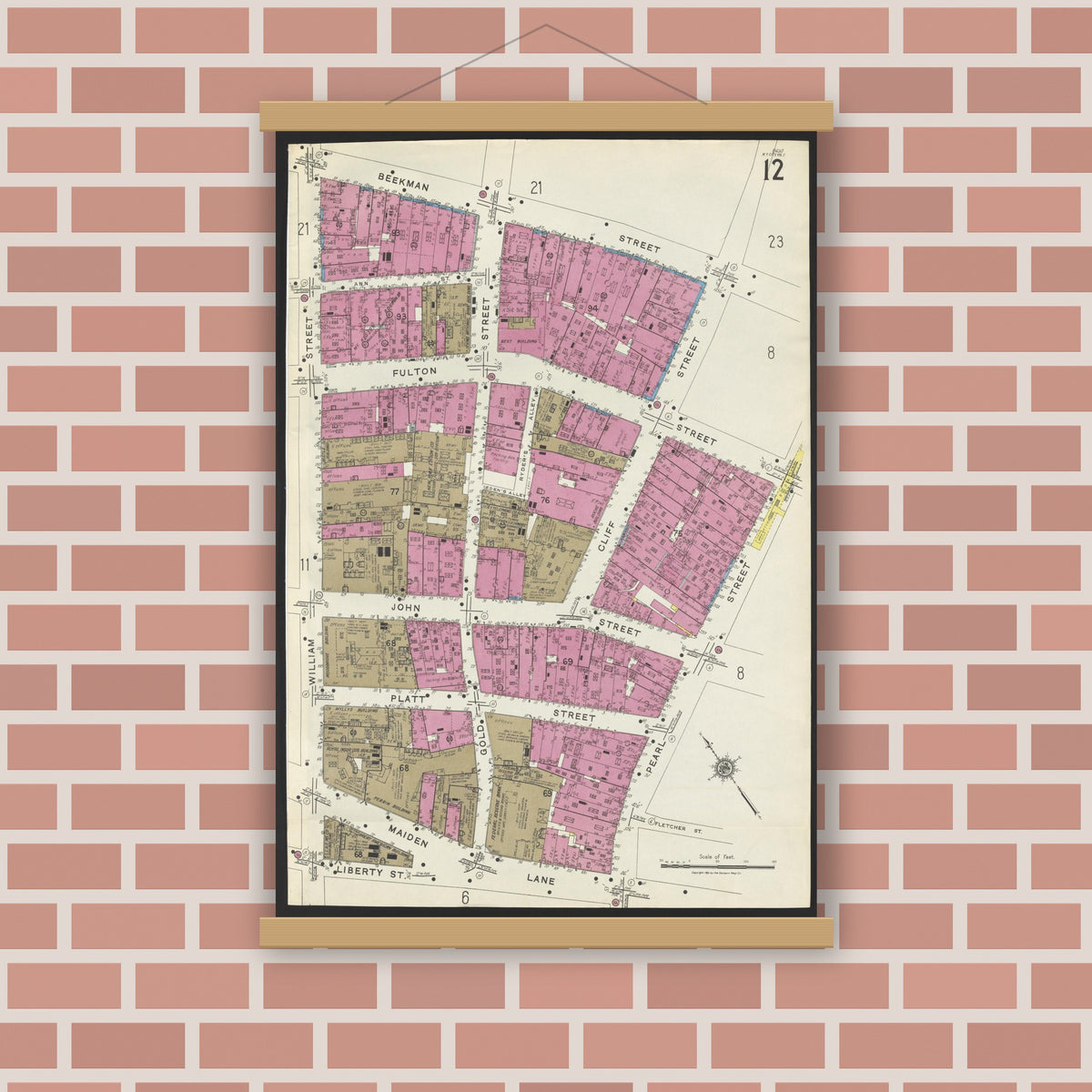 Old map wall art mockup — magnetic wood frame on brick wall — Sanborn Fire Insurance Map from New York, Bronx, Manhattan, New York (1923), Sheet #0012