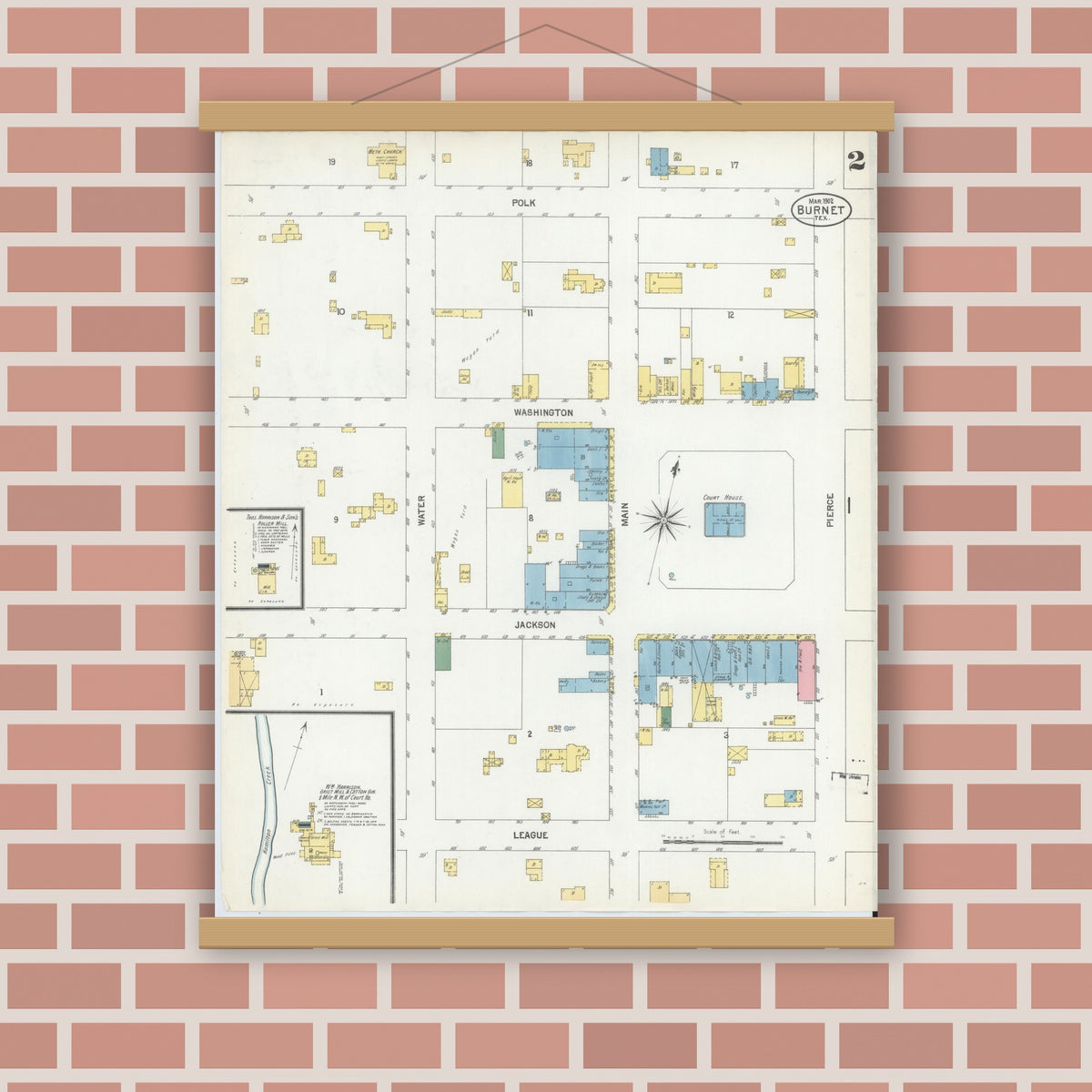 Old map wall art mockup — magnetic wood frame on brick wall — Sanborn Fire Insurance Map from Burnet, Burnet County, Texas (1902), Sheet #0002