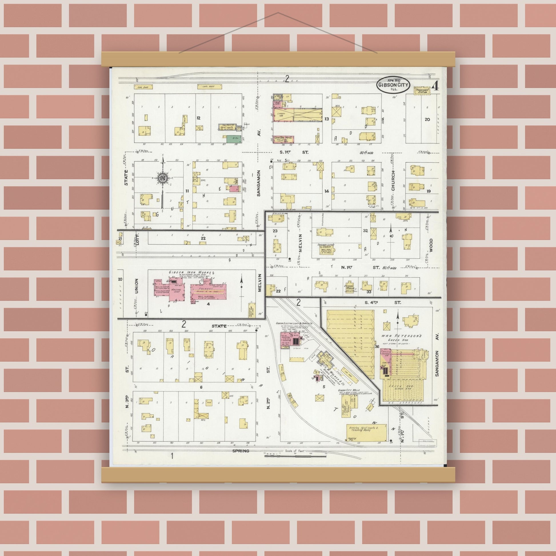 Old map wall art mockup — magnetic wood frame on brick wall — Sanborn Fire Insurance Map from Gibson City, Ford County, Illinois (1910), Sheet #0004