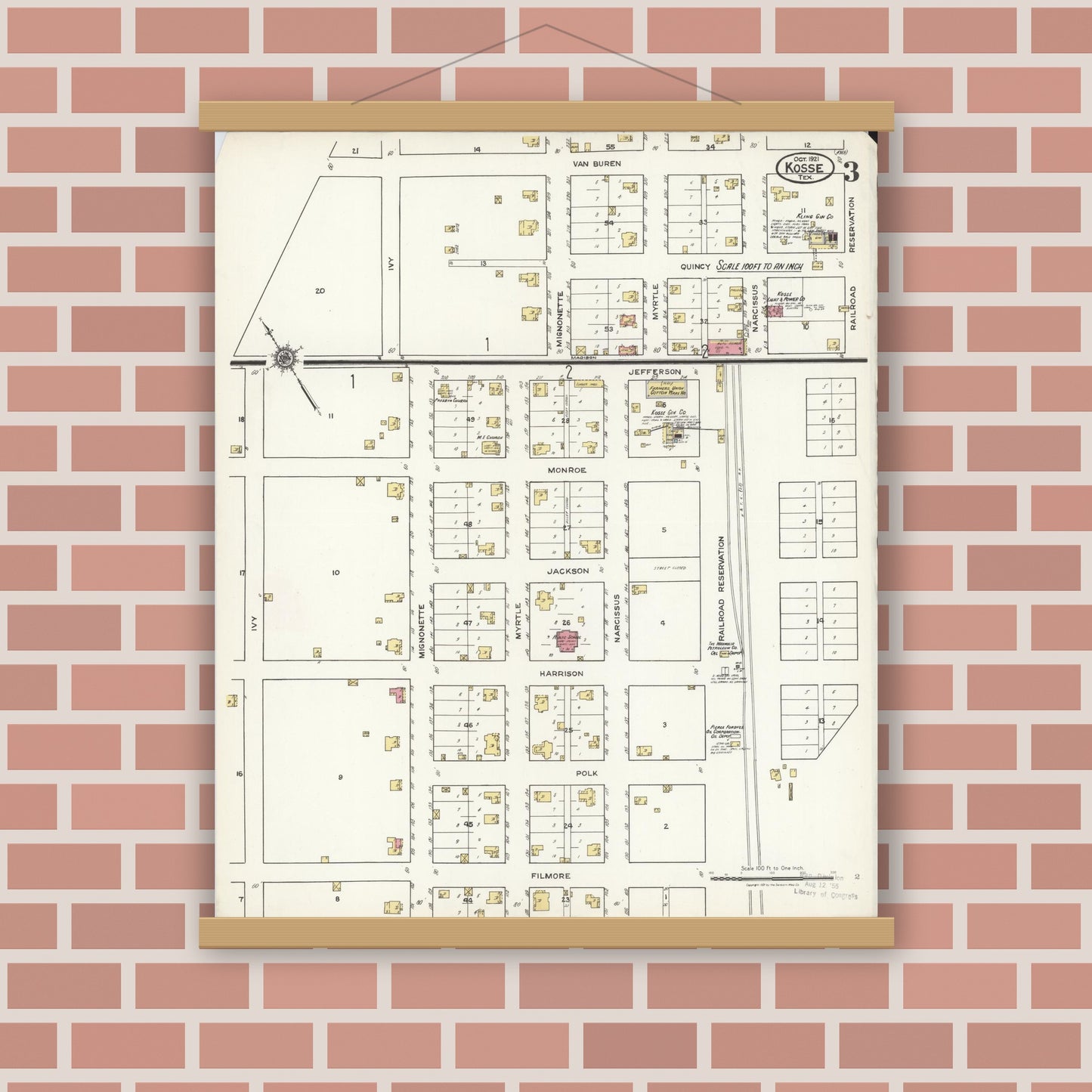Old map wall art mockup — magnetic wood frame on brick wall — Sanborn Fire Insurance Map from Kosse, Limestone County, Texas (1921), Sheet #0003