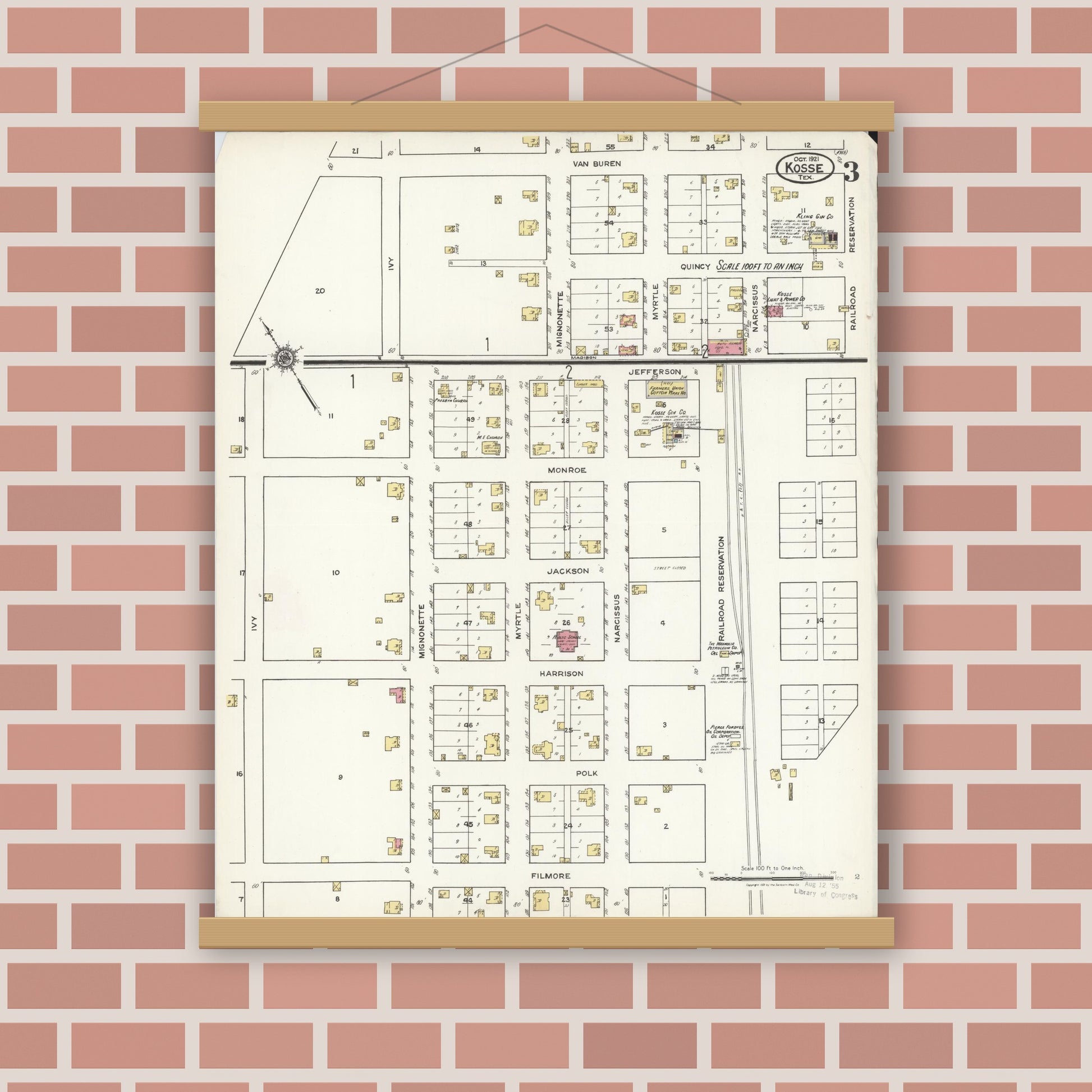 Old map wall art mockup — magnetic wood frame on brick wall — Sanborn Fire Insurance Map from Kosse, Limestone County, Texas (1921), Sheet #0003