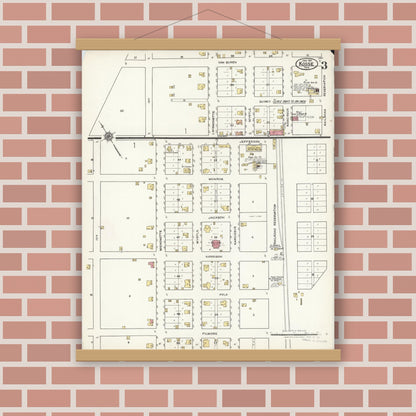 Old map wall art mockup — magnetic wood frame on brick wall — Sanborn Fire Insurance Map from Kosse, Limestone County, Texas (1921), Sheet #0003
