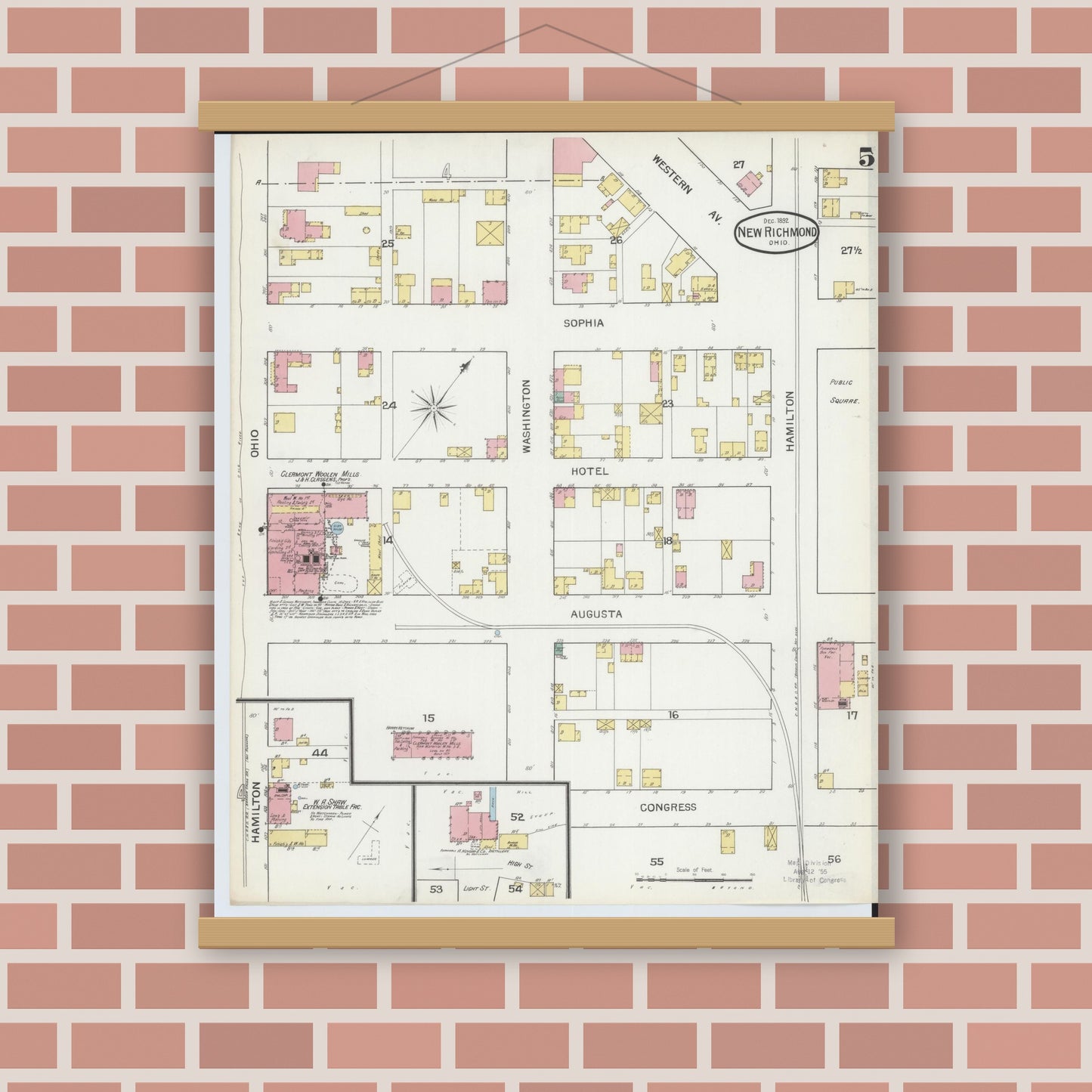 Old map wall art mockup — magnetic wood frame on brick wall — Sanborn Fire Insurance Map from New Richmond, Clermont County, Ohio (1892), Sheet #0005