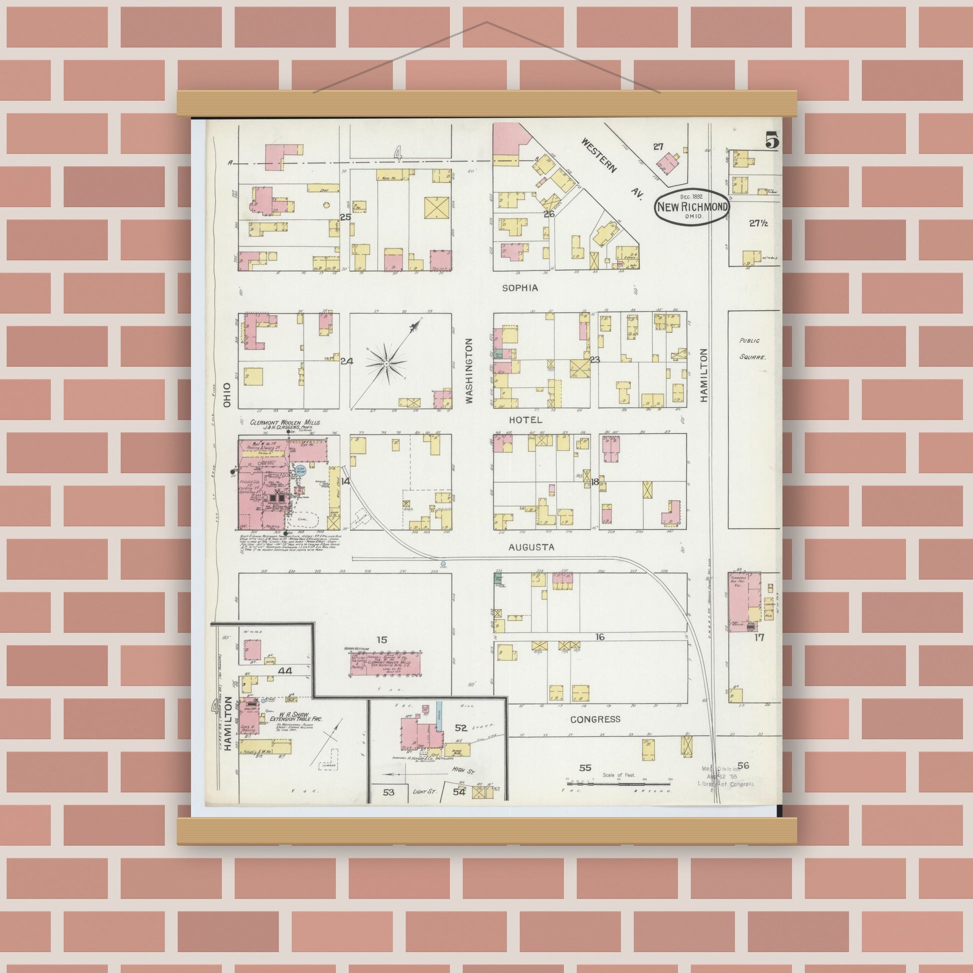 Old map wall art mockup — magnetic wood frame on brick wall — Sanborn Fire Insurance Map from New Richmond, Clermont County, Ohio (1892), Sheet #0005