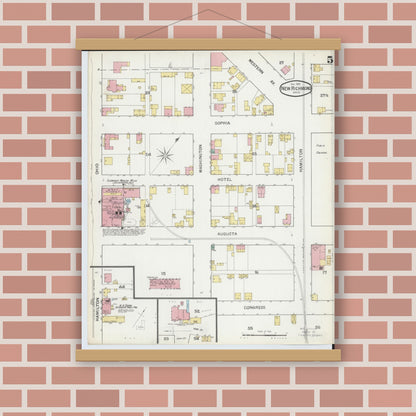 Old map wall art mockup — magnetic wood frame on brick wall — Sanborn Fire Insurance Map from New Richmond, Clermont County, Ohio (1892), Sheet #0005