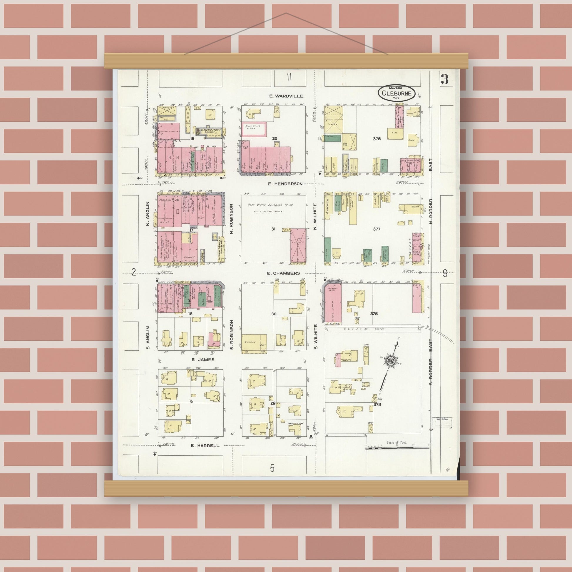 Old map wall art mockup — magnetic wood frame on brick wall — Sanborn Fire Insurance Map from Cleburne, Johnson County, Texas (1910), Sheet #0003