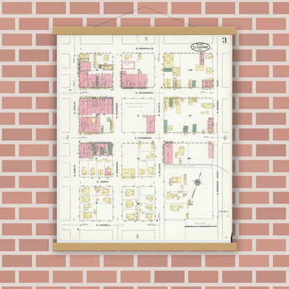 Old map wall art mockup — magnetic wood frame on brick wall — Sanborn Fire Insurance Map from Cleburne, Johnson County, Texas (1910), Sheet #0003