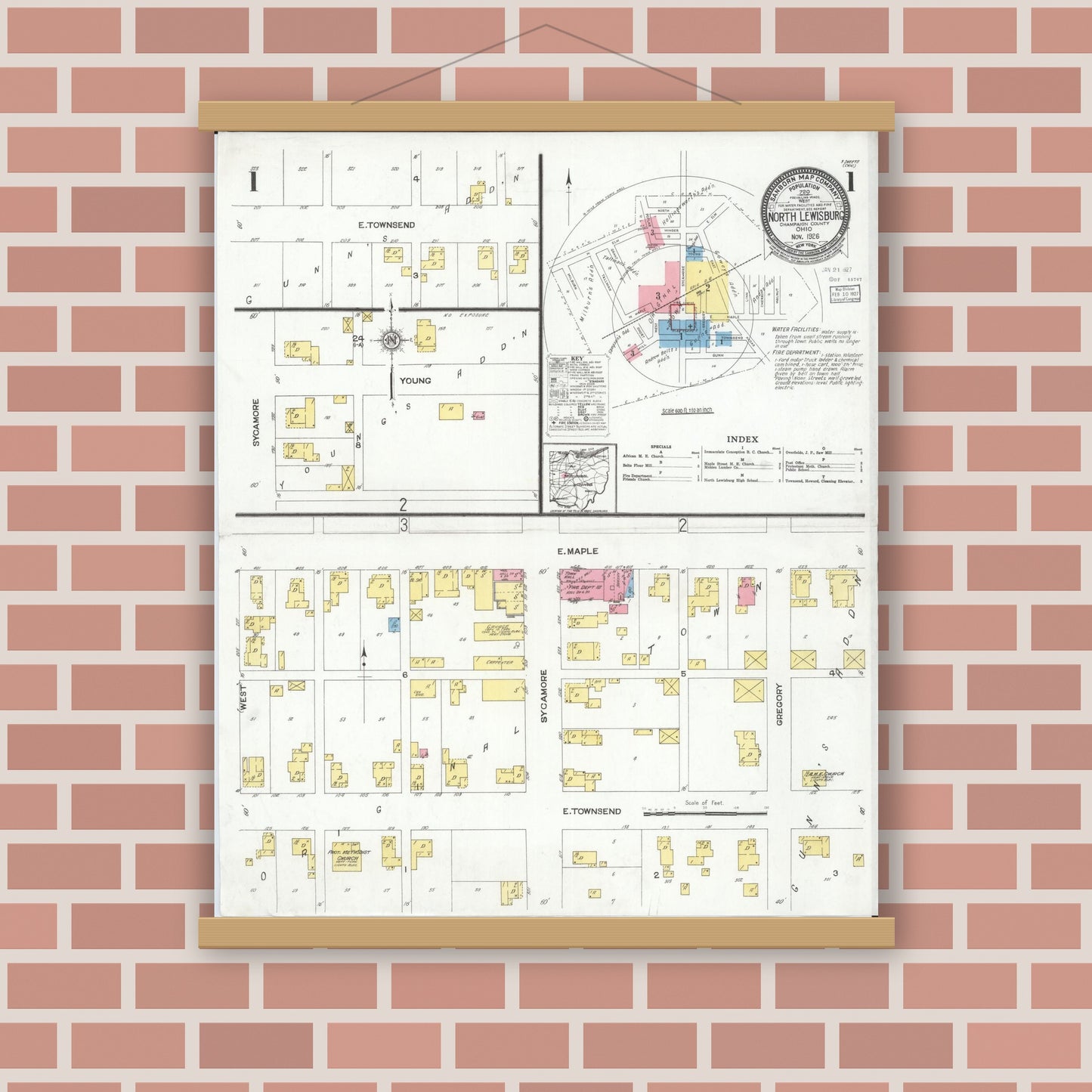 Old map wall art mockup — magnetic wood frame on brick wall — Sanborn Fire Insurance Map from North Lewisburg, Champaign County, Ohio (1926), Sheet #0001