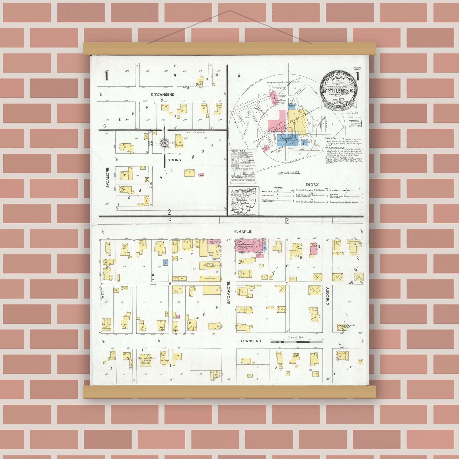 Old map wall art mockup — magnetic wood frame on brick wall — Sanborn Fire Insurance Map from North Lewisburg, Champaign County, Ohio (1926), Sheet #0001