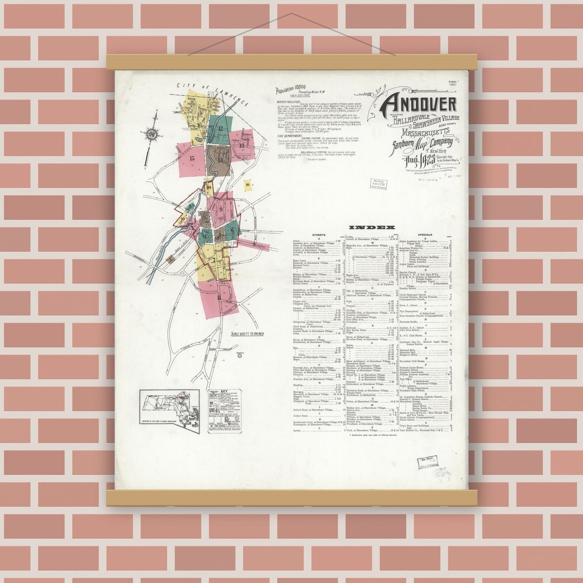 Old map wall art mockup — magnetic wood frame on brick wall — Sanborn Fire Insurance Map from Andover, Essex County, Massachusetts (1923), Sheet #0001
