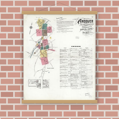 Old map wall art mockup — magnetic wood frame on brick wall — Sanborn Fire Insurance Map from Andover, Essex County, Massachusetts (1923), Sheet #0001