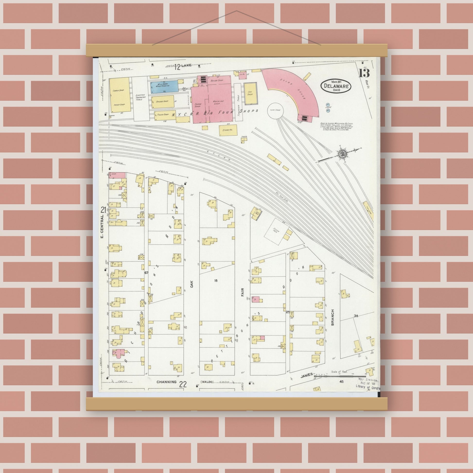 Old map wall art mockup — magnetic wood frame on brick wall — Sanborn Fire Insurance Map from Delaware, Delaware County, Ohio (1911), Sheet #0013