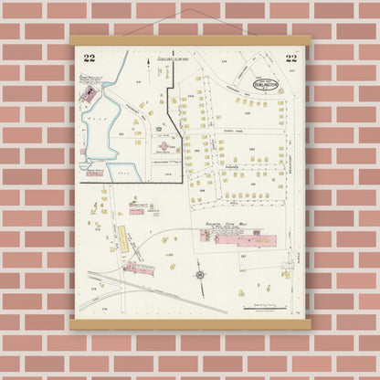 Old map wall art mockup — magnetic wood frame on brick wall — Sanborn Fire Insurance Map from Burlington, Alamance County, North Carolina (1924), Sheet #0022