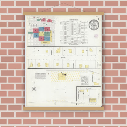 Old map wall art mockup — magnetic wood frame on brick wall — Sanborn Fire Insurance Map from Vernon, Wilbarger County, Texas (1907) - Complete Map Set