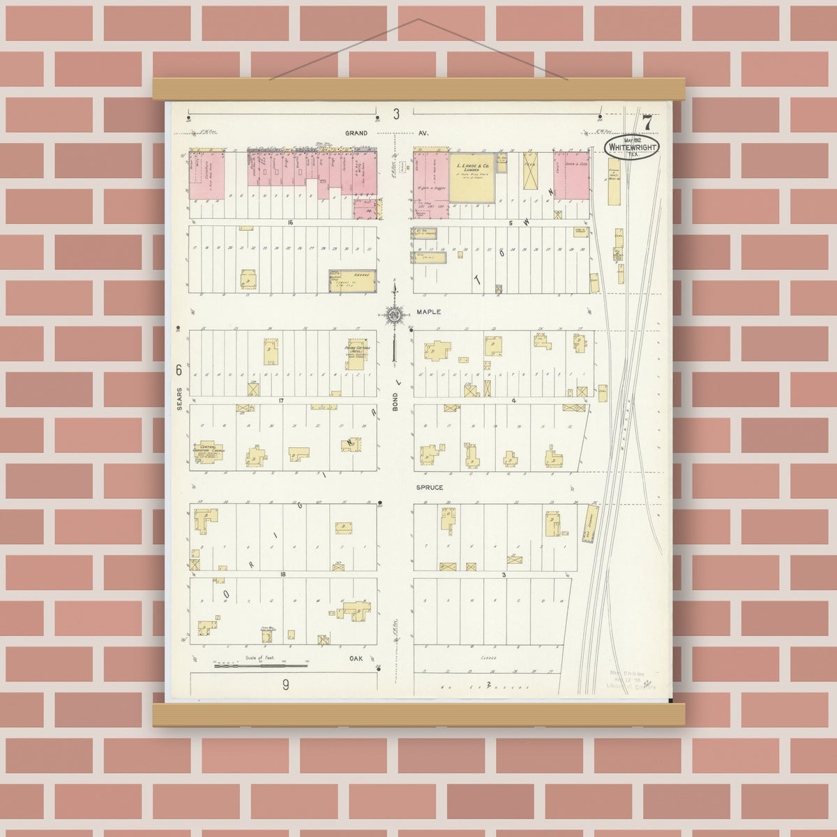 Old map wall art mockup — magnetic wood frame on brick wall — Sanborn Fire Insurance Map from Whitewright, Grayson County, Texas (1912), Sheet #0007