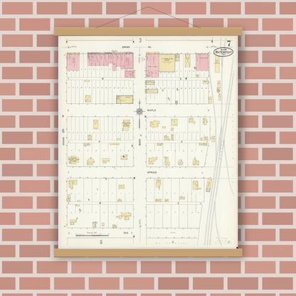 Old map wall art mockup — magnetic wood frame on brick wall — Sanborn Fire Insurance Map from Whitewright, Grayson County, Texas (1912), Sheet #0007