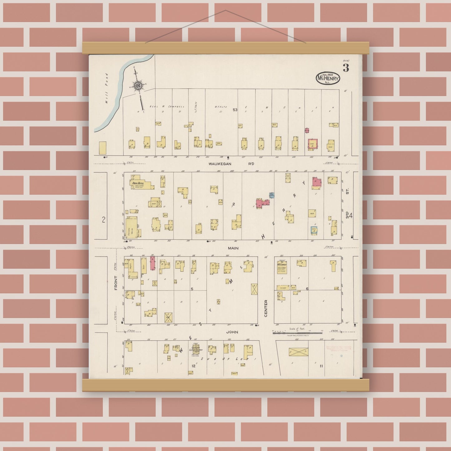 Old map wall art mockup — magnetic wood frame on brick wall — Sanborn Fire Insurance Map from McHenry, McHenry County, Illinois (1922), Sheet #0003