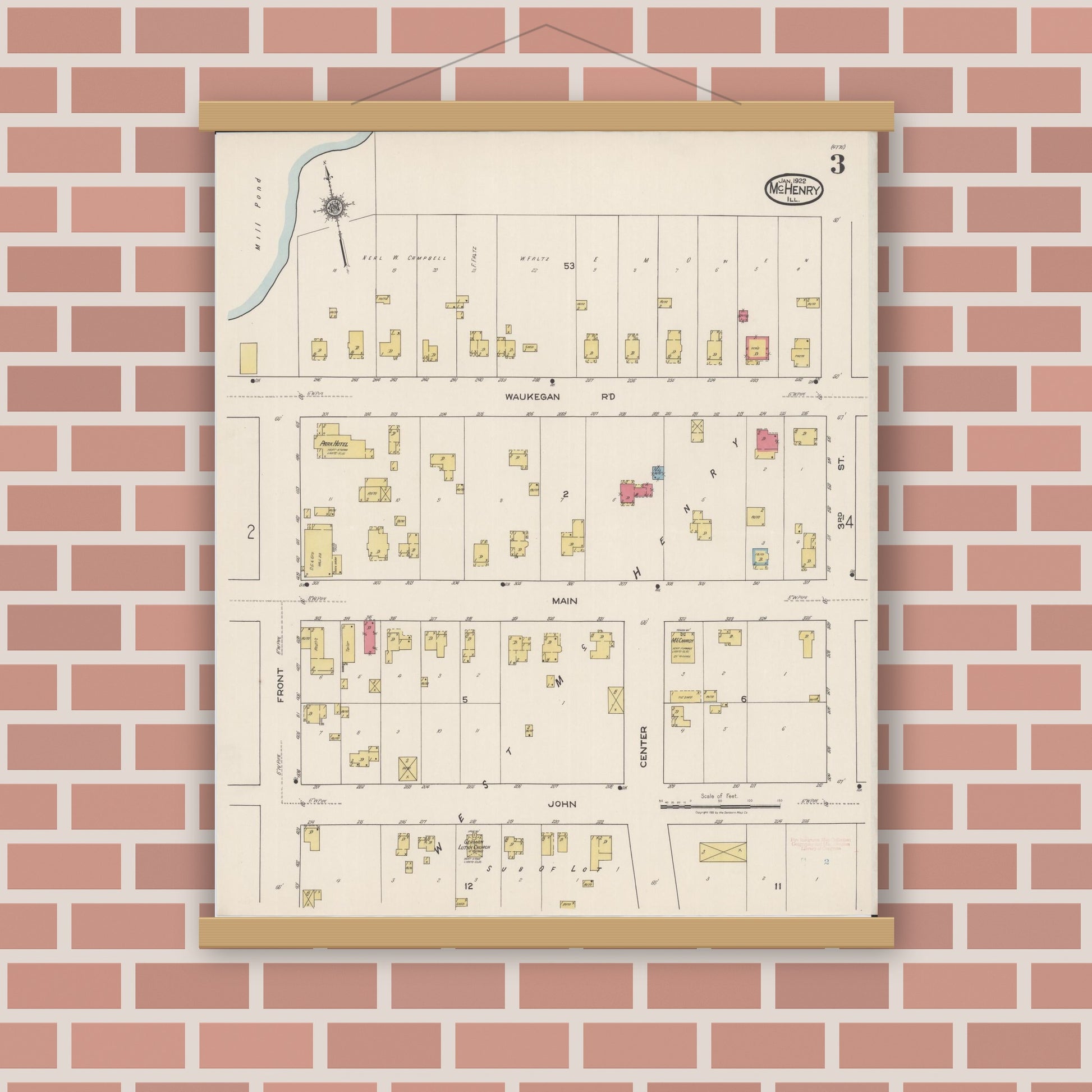 Old map wall art mockup — magnetic wood frame on brick wall — Sanborn Fire Insurance Map from McHenry, McHenry County, Illinois (1922), Sheet #0003