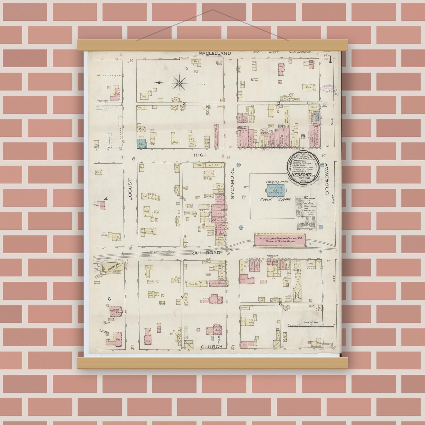 Old map wall art mockup — magnetic wood frame on brick wall — Sanborn Fire Insurance Map from Bedford, Lawrence County, Indiana (1886) - Complete Map Set