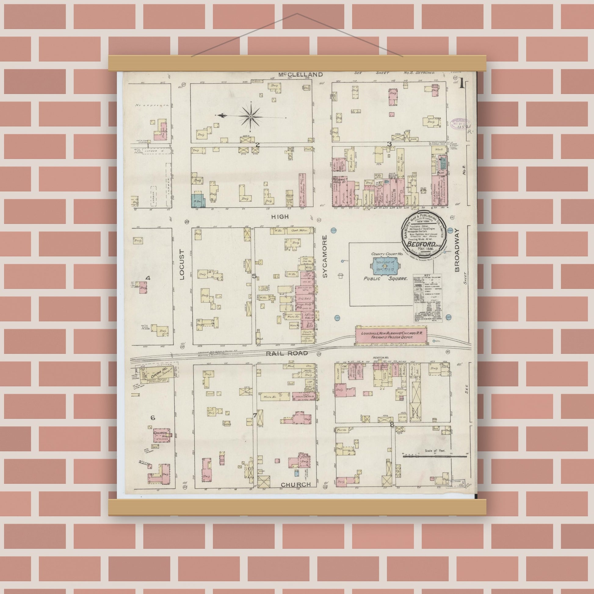 Old map wall art mockup — magnetic wood frame on brick wall — Sanborn Fire Insurance Map from Bedford, Lawrence County, Indiana (1886) - Complete Map Set