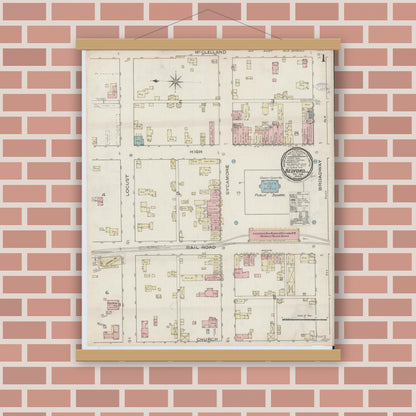 Old map wall art mockup — magnetic wood frame on brick wall — Sanborn Fire Insurance Map from Bedford, Lawrence County, Indiana (1886) - Complete Map Set