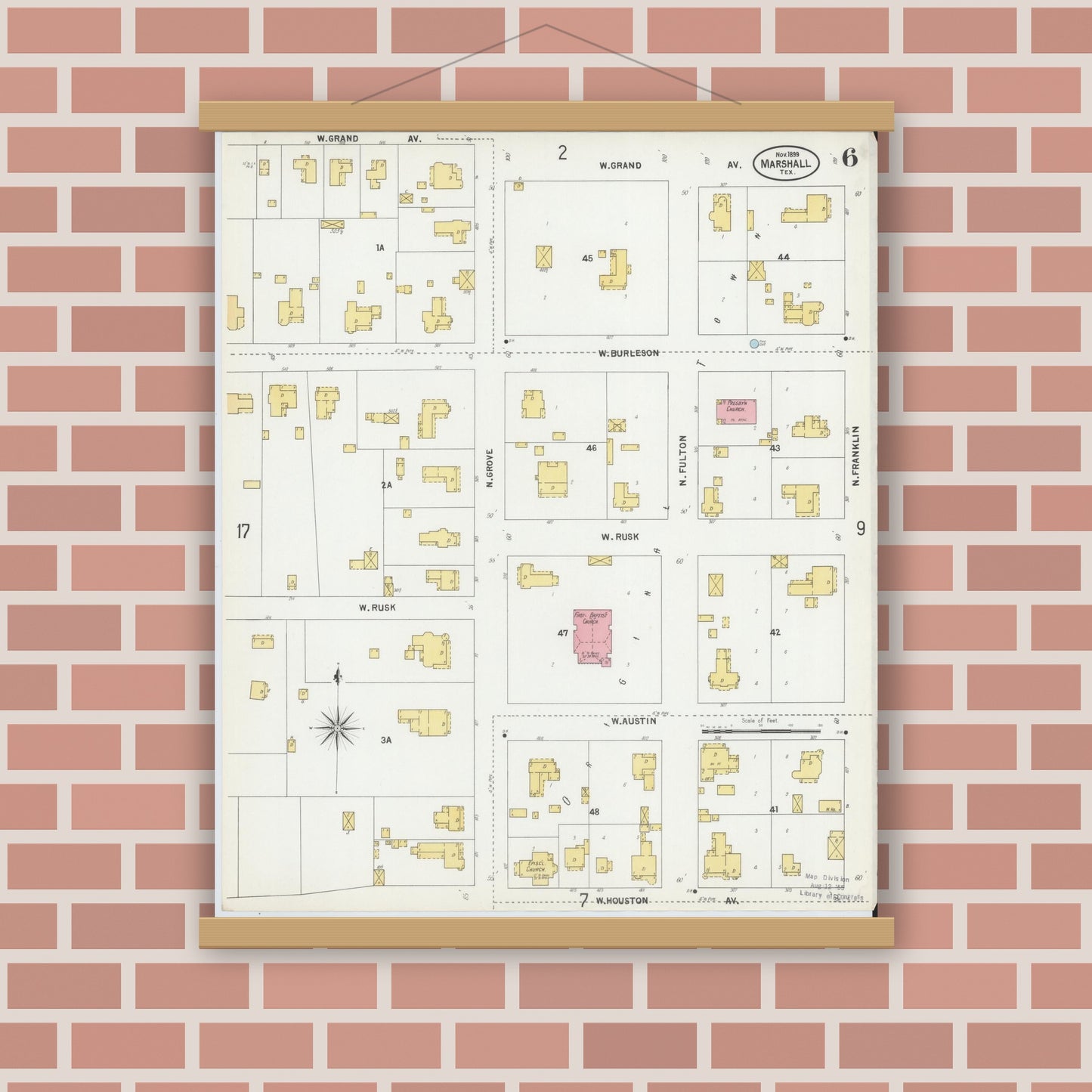 Old map wall art mockup — magnetic wood frame on brick wall — Sanborn Fire Insurance Map from Marshall, Harrison County, Texas (1899), Sheet #0006