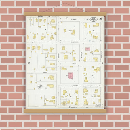 Old map wall art mockup — magnetic wood frame on brick wall — Sanborn Fire Insurance Map from Marshall, Harrison County, Texas (1899), Sheet #0006