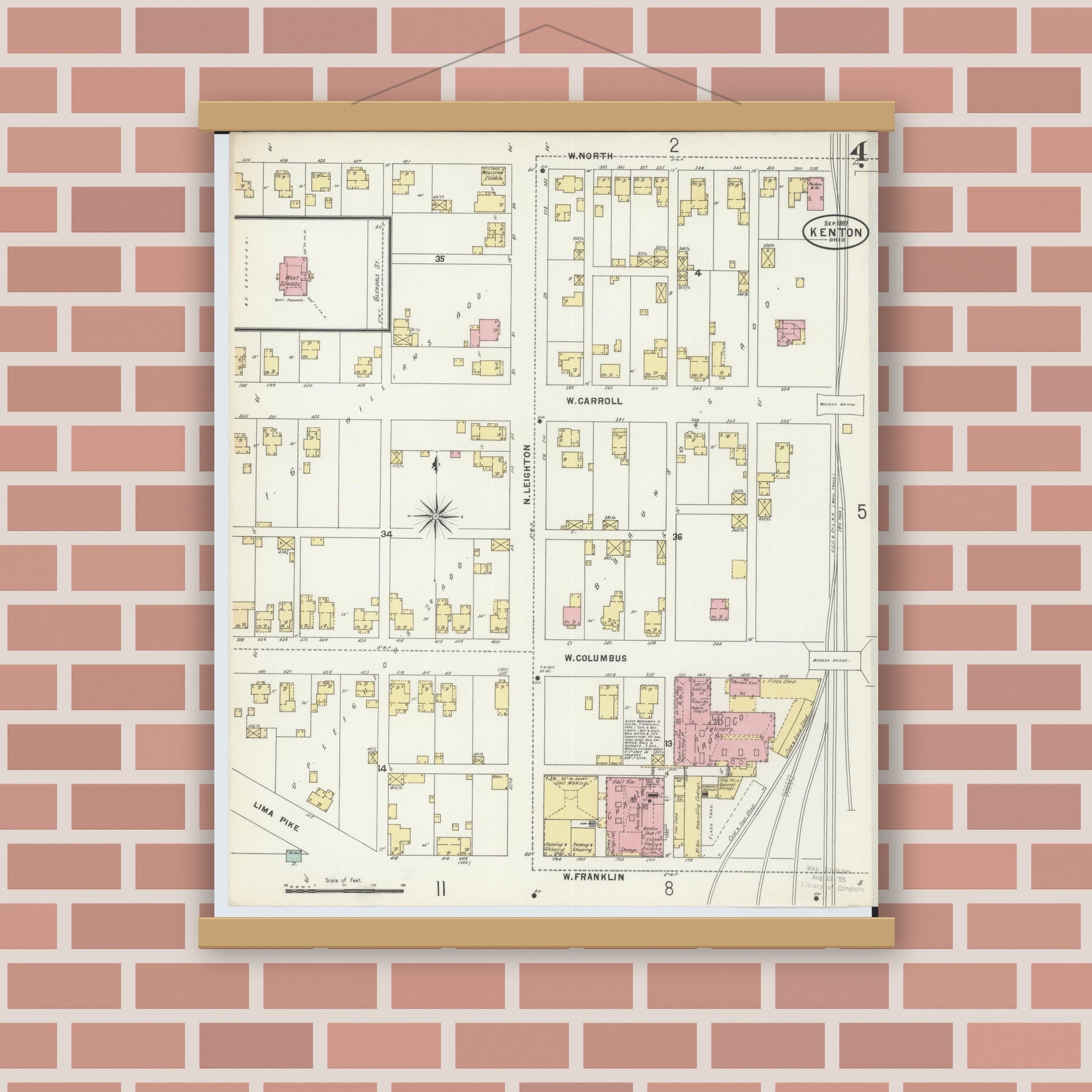 Old map wall art mockup — magnetic wood frame on brick wall — Sanborn Fire Insurance Map from Kenton, Hardin County, Ohio (1897), Sheet #0004