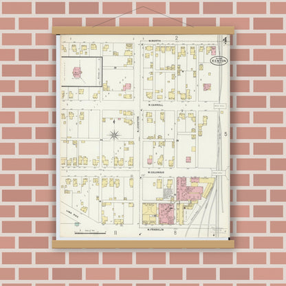 Old map wall art mockup — magnetic wood frame on brick wall — Sanborn Fire Insurance Map from Kenton, Hardin County, Ohio (1897), Sheet #0004