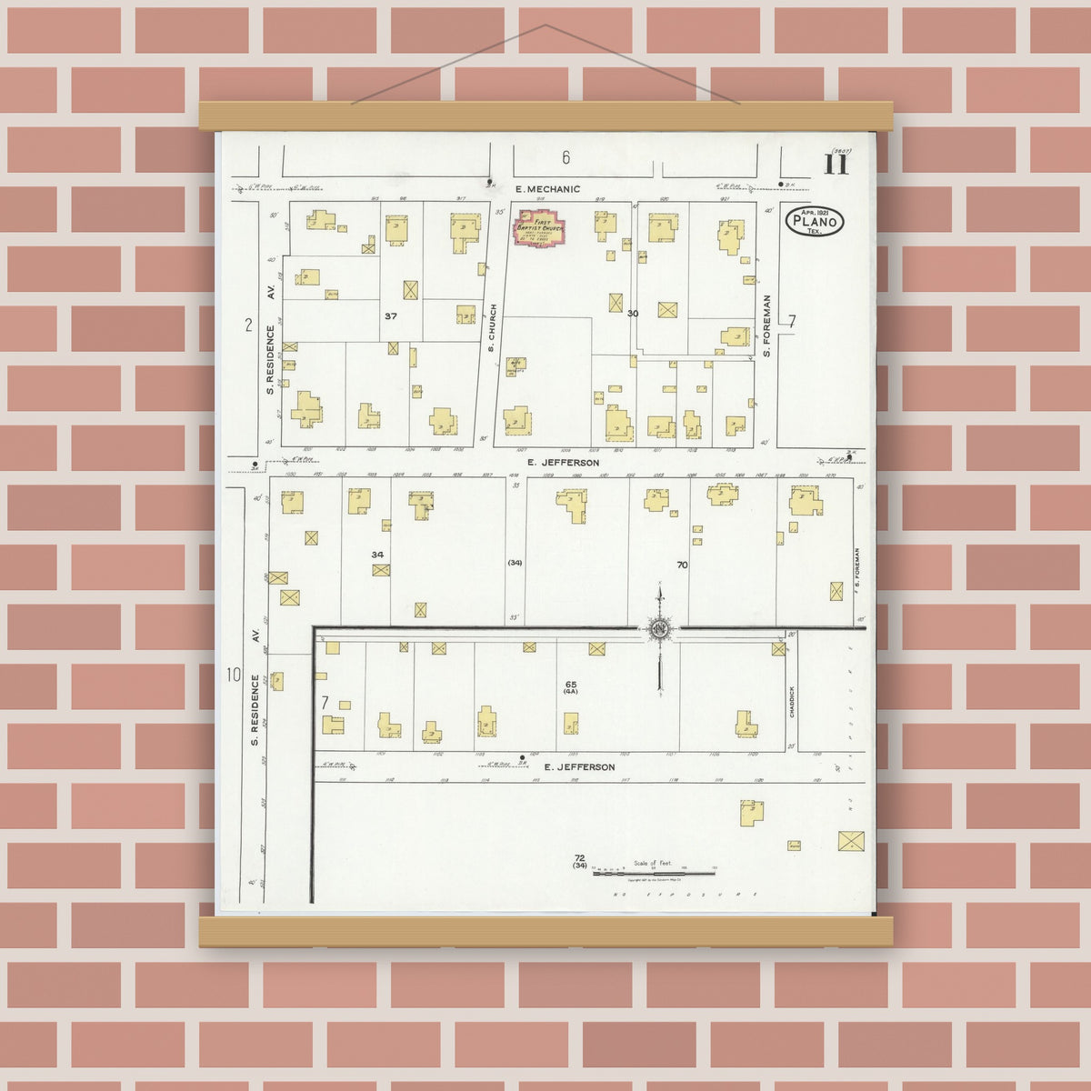 Old map wall art mockup — magnetic wood frame on brick wall — Sanborn Fire Insurance Map from Plano, Collin County, Texas (1921), Sheet #0011