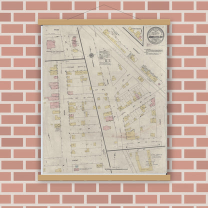 Old map wall art mockup — magnetic wood frame on brick wall — Sanborn Fire Insurance Map from Minnesota Lake, Faribault County, Minnesota (1910), Sheet #0001