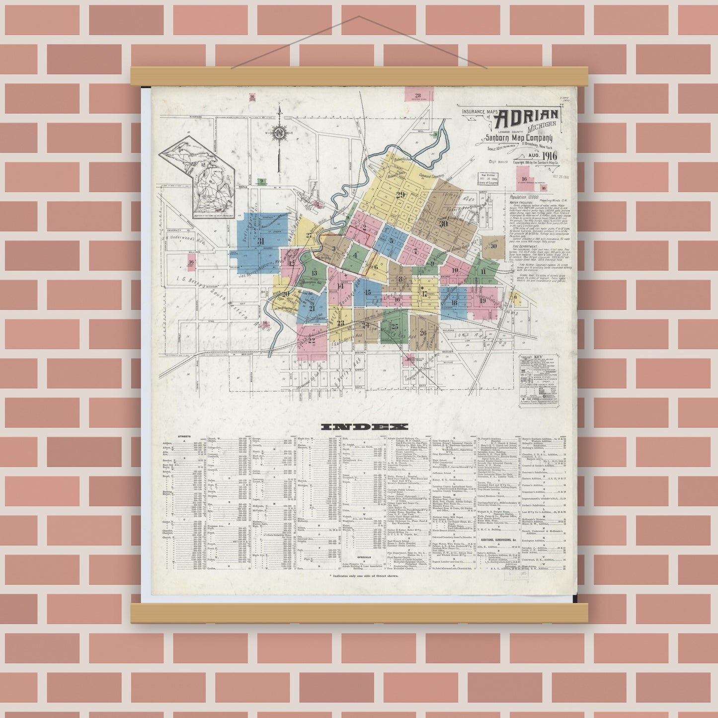 Old map wall art mockup — magnetic wood frame on brick wall — Sanborn Fire Insurance Map from Adrian, Lenawee County, Michigan (1916) - Complete Map Set