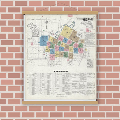 Old map wall art mockup — magnetic wood frame on brick wall — Sanborn Fire Insurance Map from Adrian, Lenawee County, Michigan (1916) - Complete Map Set