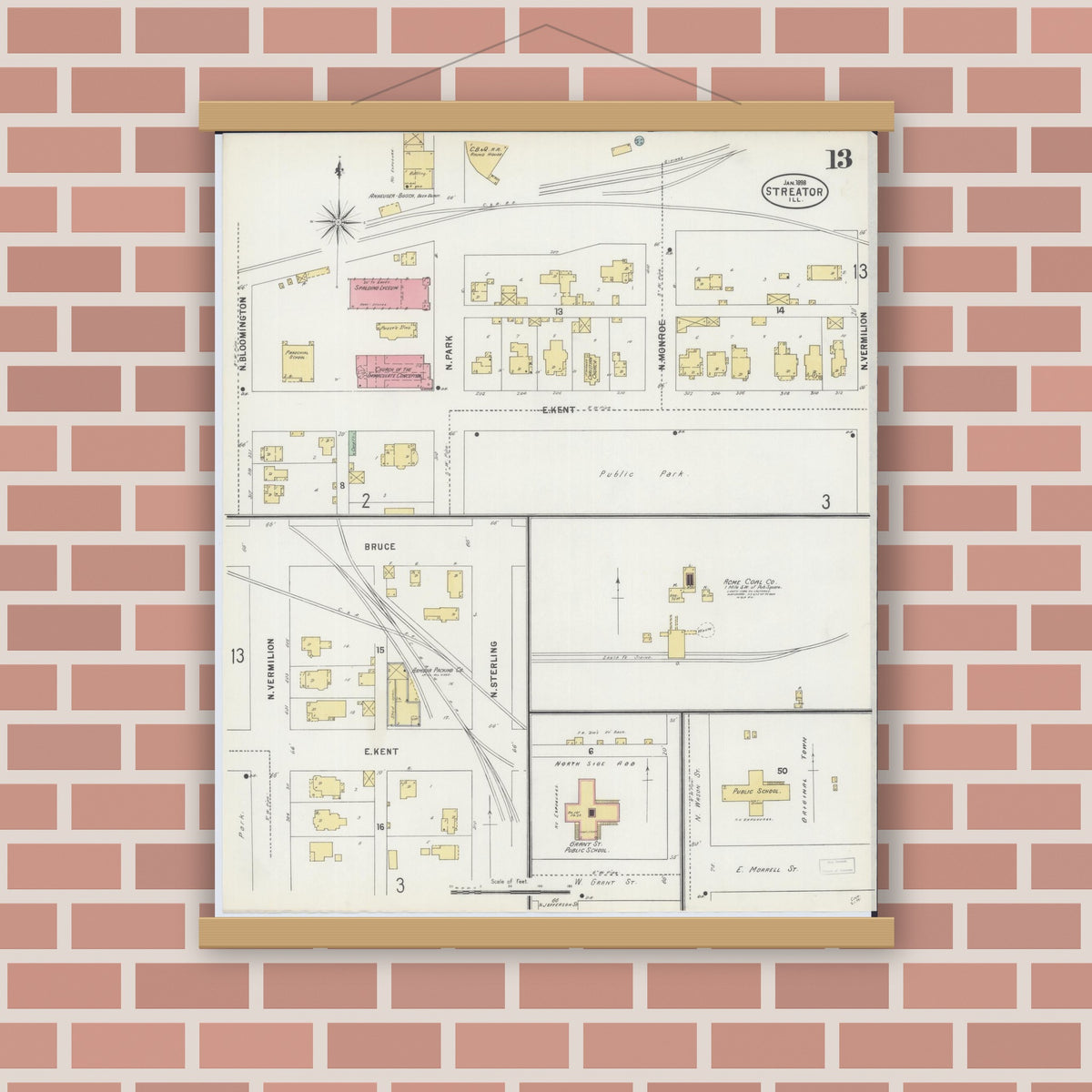 Old map wall art mockup — magnetic wood frame on brick wall — Sanborn Fire Insurance Map from Streator, La Salle County, Illinois (1898), Sheet #0013