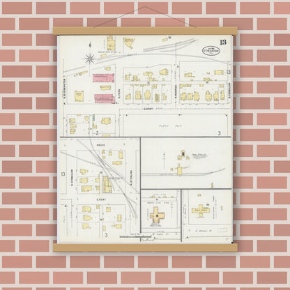Old map wall art mockup — magnetic wood frame on brick wall — Sanborn Fire Insurance Map from Streator, La Salle County, Illinois (1898), Sheet #0013