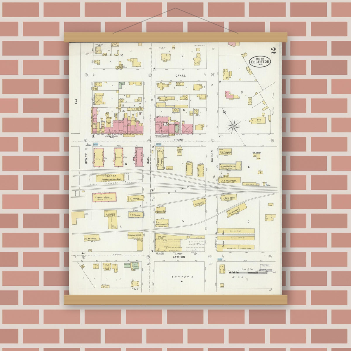 Old map wall art mockup — magnetic wood frame on brick wall — Sanborn Fire Insurance Map from Edgerton, Rock County, Wisconsin (1898), Sheet #0002
