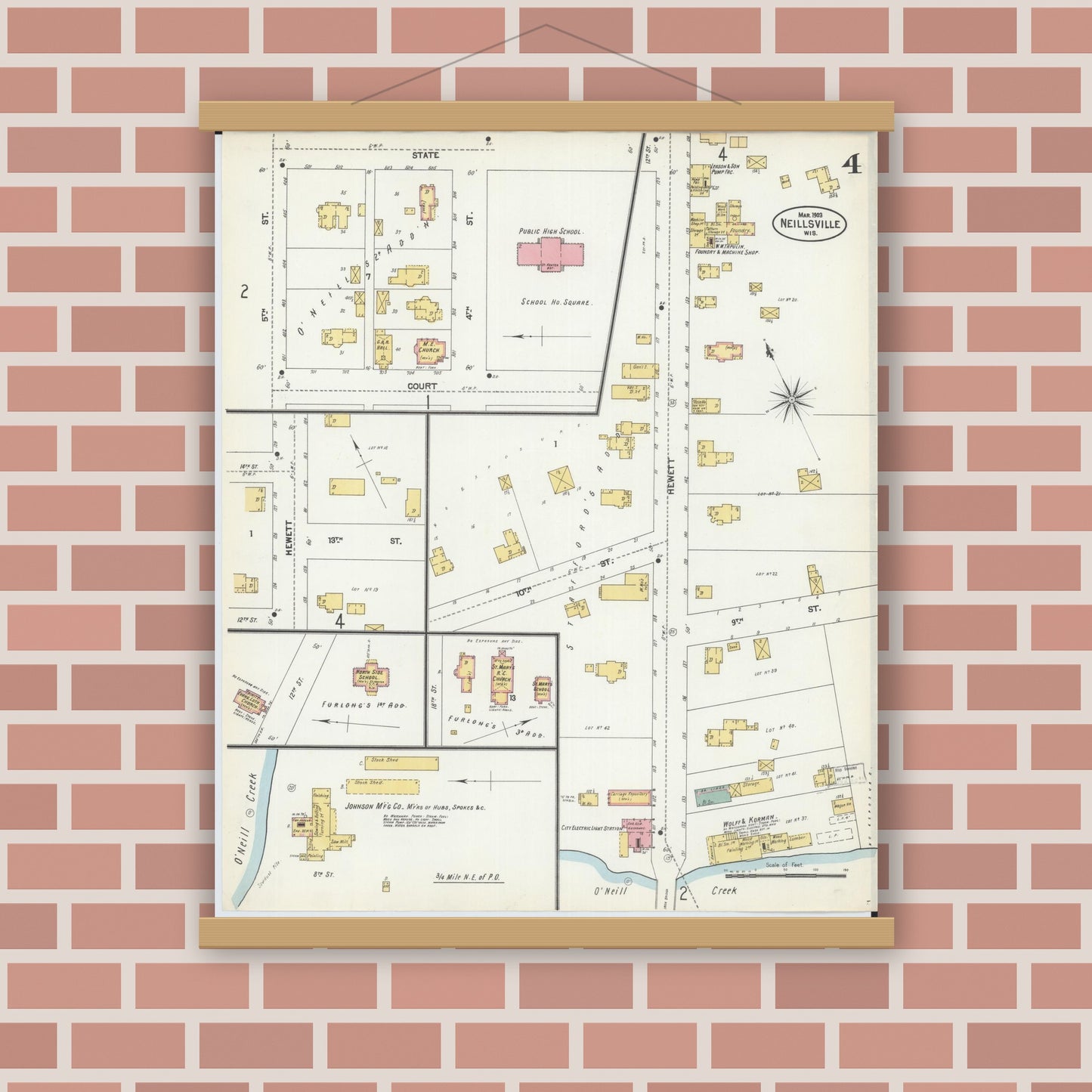 Old map wall art mockup — magnetic wood frame on brick wall — Sanborn Fire Insurance Map from Neillsville, Clark County, Wisconsin (1903), Sheet #0004