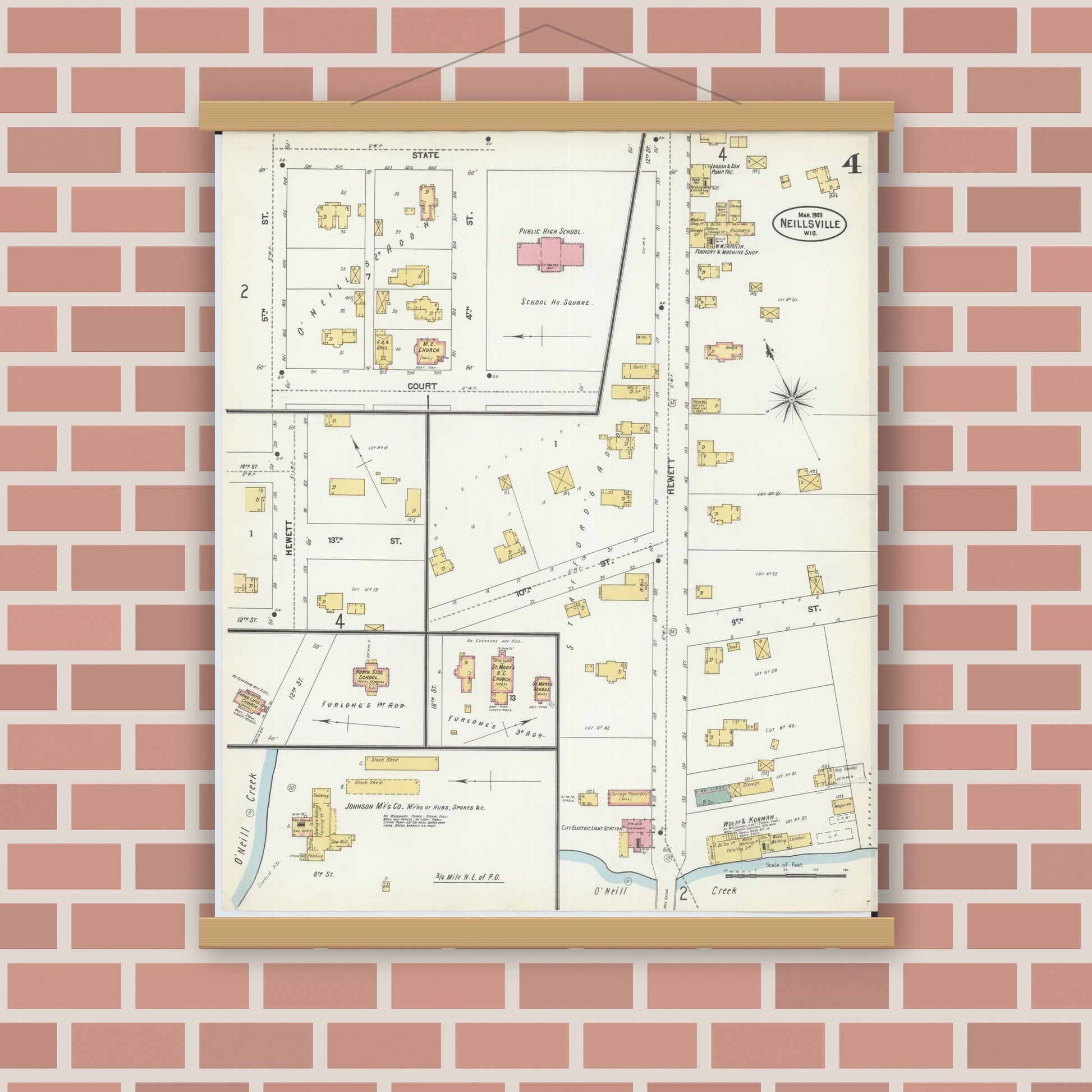 Old map wall art mockup — magnetic wood frame on brick wall — Sanborn Fire Insurance Map from Neillsville, Clark County, Wisconsin (1903), Sheet #0004