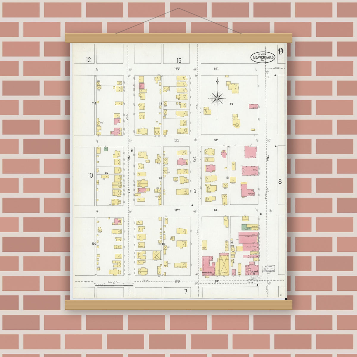 Old map wall art mockup — magnetic wood frame on brick wall — Sanborn Fire Insurance Map from Beaver Falls, Beaver County, Pennsylvania (1901), Sheet #0009