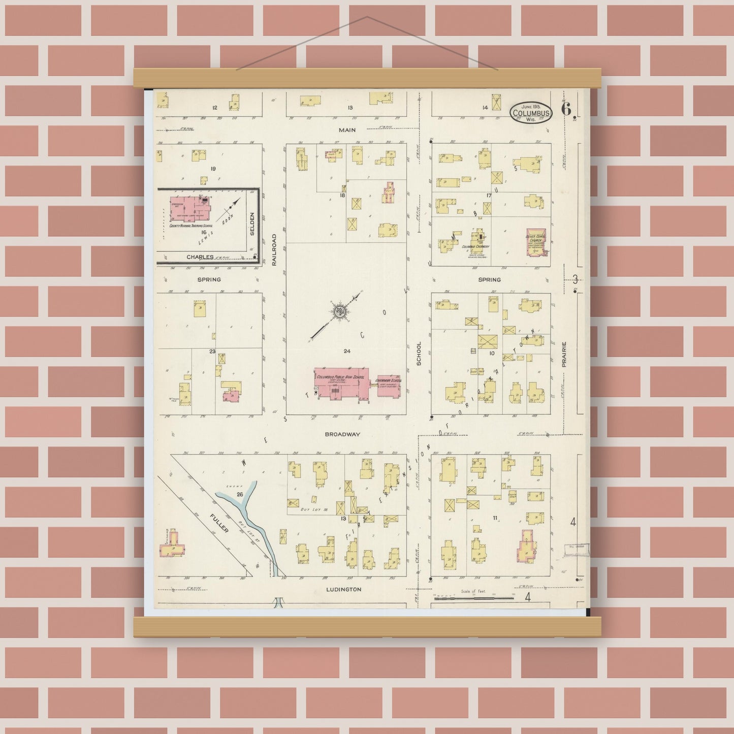 Old map wall art mockup — magnetic wood frame on brick wall — Sanborn Fire Insurance Map from Columbus, Columbia and Dodge County, Wisconsin (1915), Sheet #0006