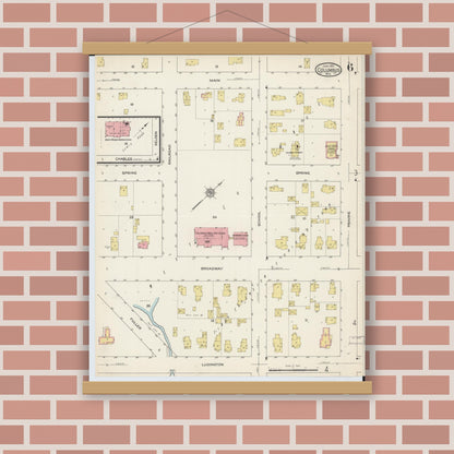 Old map wall art mockup — magnetic wood frame on brick wall — Sanborn Fire Insurance Map from Columbus, Columbia and Dodge County, Wisconsin (1915), Sheet #0006