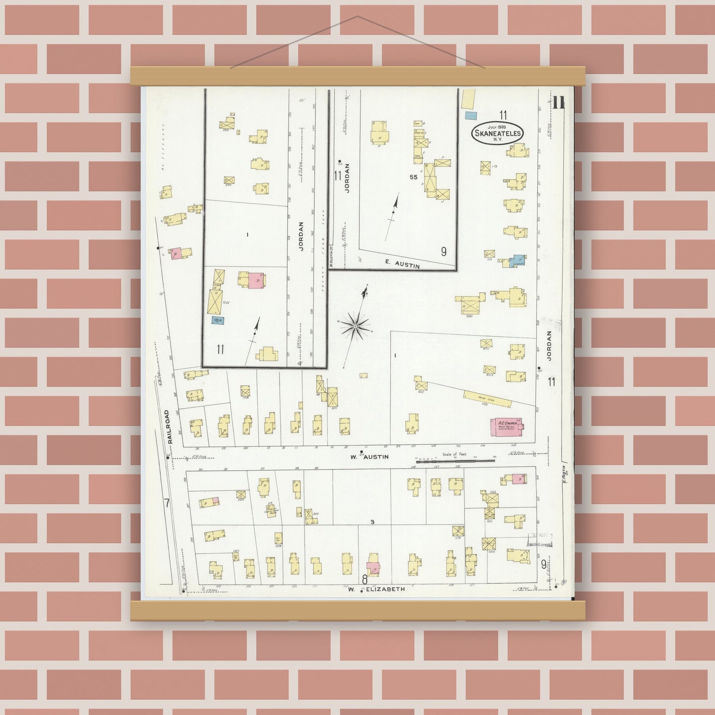 Old map wall art mockup — magnetic wood frame on brick wall — Sanborn Fire Insurance Map from Skaneateles, Onondaga County, New York (1909), Sheet #0011