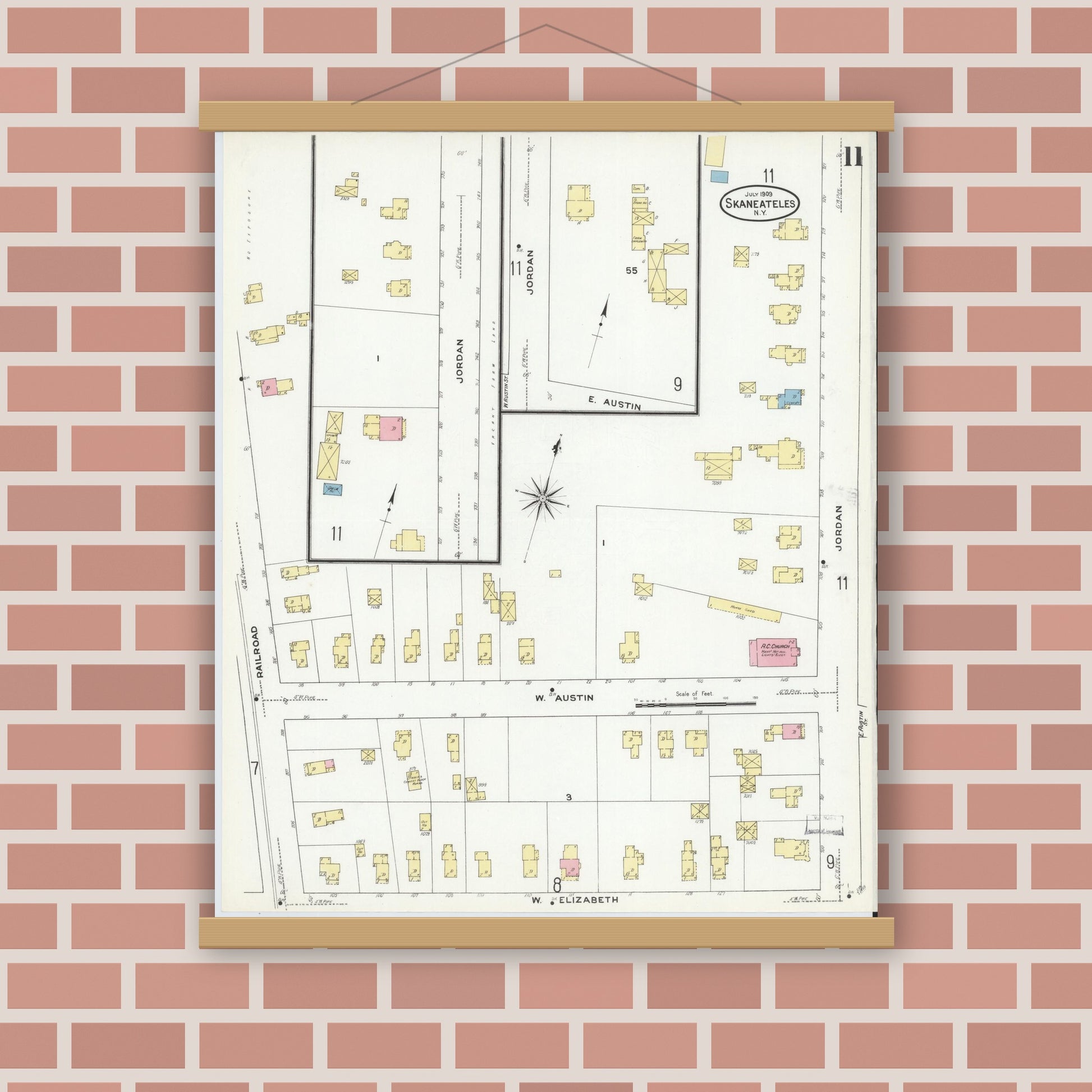 Old map wall art mockup — magnetic wood frame on brick wall — Sanborn Fire Insurance Map from Skaneateles, Onondaga County, New York (1909), Sheet #0011