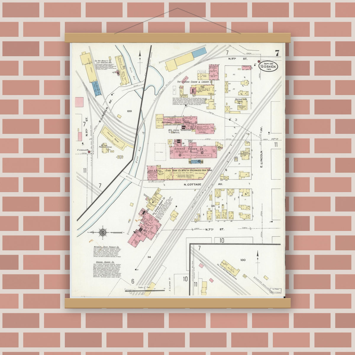 Old map wall art mockup — magnetic wood frame on brick wall — Sanborn Fire Insurance Map from Goshen, Elkhart County, Indiana (1910), Sheet #0007