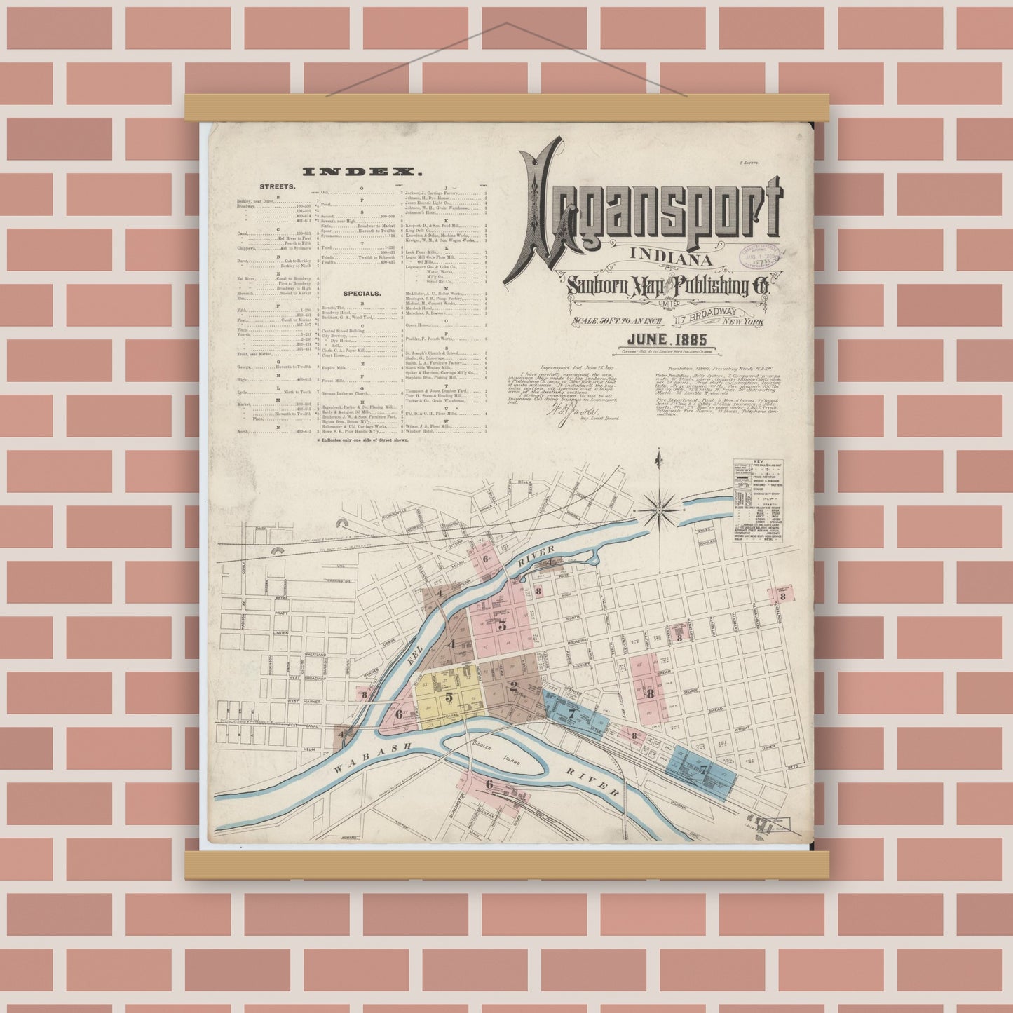 Old map wall art mockup — magnetic wood frame on brick wall — Sanborn Fire Insurance Map from Logansport, Cass County, Indiana (1885) - Complete Map Set