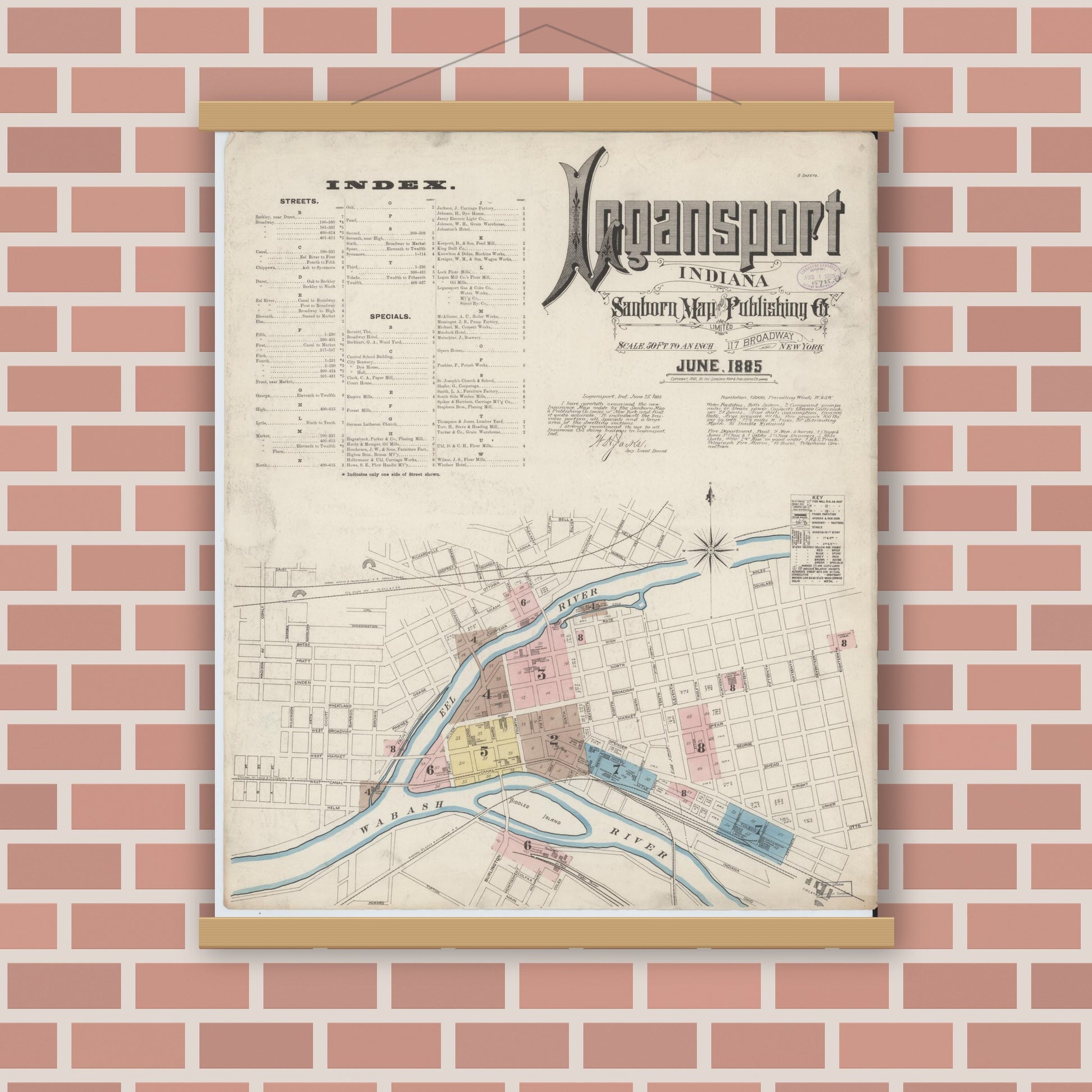 Old map wall art mockup — magnetic wood frame on brick wall — Sanborn Fire Insurance Map from Logansport, Cass County, Indiana (1885) - Complete Map Set