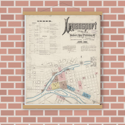 Old map wall art mockup — magnetic wood frame on brick wall — Sanborn Fire Insurance Map from Logansport, Cass County, Indiana (1885) - Complete Map Set