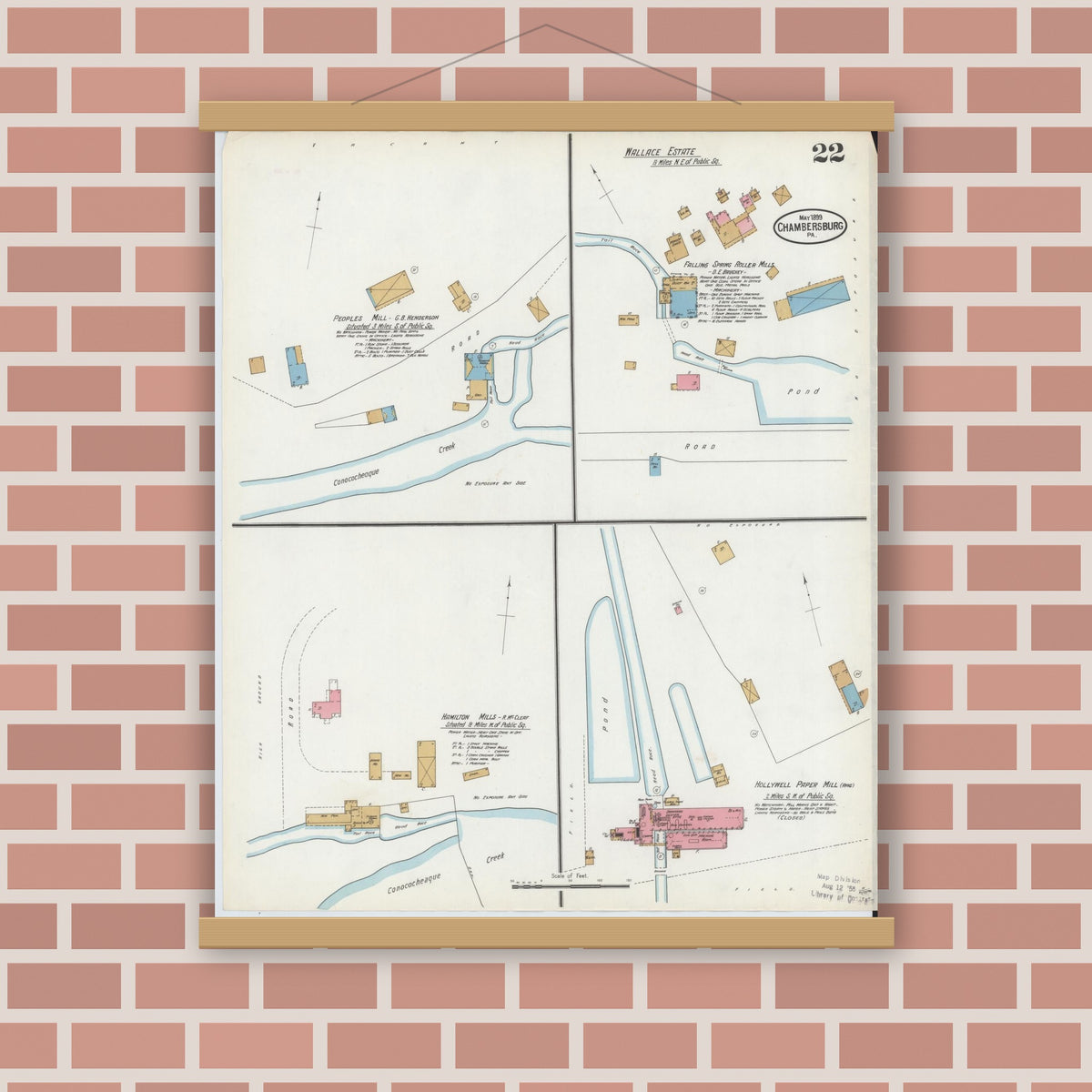 Old map wall art mockup — magnetic wood frame on brick wall — Sanborn Fire Insurance Map from Chambersburg, Franklin County, Pennsylvania (1899), Sheet #0022